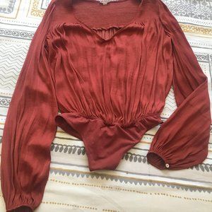 Free People Long Sleeve Satin Body Suit (Rust)